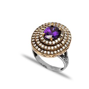 Amatista Triple CZ Forma ovalada Piedra brillante Diseño étnico Encanto popular Venta al por mayor Anillo otomano de plata auténtica - Product Image 1