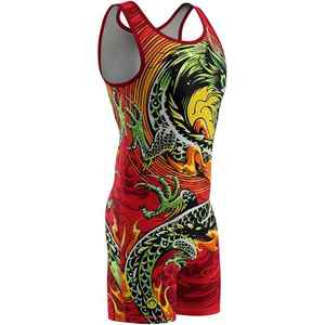 Singlet de Lucha Libre para Hombre con Estampado de Dragón, Rojo, Verde y Amarillo, Sublimado, Poliéster Transpirable, Estilo Pantalones Cortos para Adultos - Product Image 2