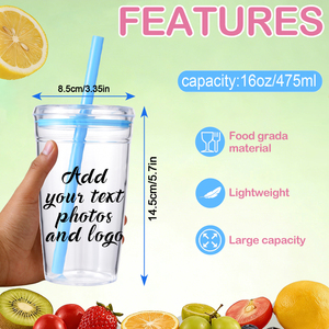 Vaso de Plástico Transparente Personalizable <span class=keywords><strong>con</strong></span> Pajita, Botella de Agua de Doble Pared <span class=keywords><strong>con</strong></span> Tapa, Vaso Reutilizable para Café Helado, Libre de BPA - Product Image 3