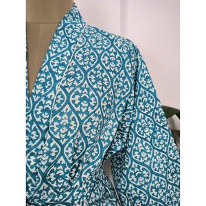 Pure Cotton Boho House Robe Indian Handprinted Summer Dress Blue White <b>Beach</b> Coverup Maternity Mom Bridal <b>Kimono</b> Style <b>Kimono</b> - Product Image 2