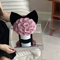 Kotak Bunga Akrilik AYOYO Medium Bow Hug Bucket Bentuk Jamur dengan Mawar, Bunga Abadi, Bunga Awet, untuk Hari Valentine, Hiasan Mobil