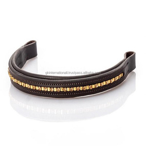 Banda de cejas de caballo de cuero curtido vegetal con acabado de alta calidad en cuero negro o marrón con cadena ostentosa de perlas azules y doradas - Product Image 5