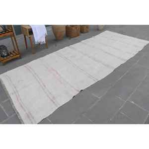 Alfombra Turca Vintage de Lana Blanca, 4.5x11.3 pies (137x345 cm) - Product Image 3