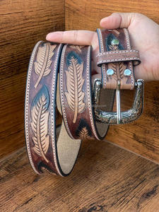 ใหม่สไตล์ตะวันตกจริงของแท้มือเครื่องมือหนังดอกไม้สีเข็มขัดคุณภาพสูงหนังทําด้วยมือเข็มขัดเอว Unisex - Product Image 2