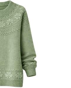 Customized Sage Green Jacquard Knit Sweater Floral Textured Crew Neck <b>Long</b> Sleeve Winter Pullover <b>For</b> <b>Women</b> Custom Wholesale - Product Image 3