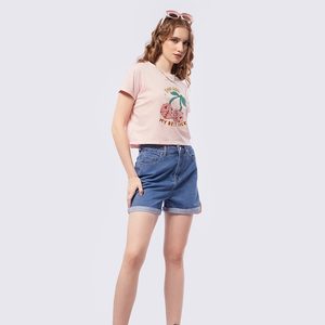 Index Apparel Women's Pink Crop <b>Top</b> Short Sleeve Crew Neck Printed Casual T-Shirt Spring Summer Wear - Product Image 6