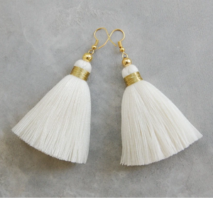 Pendientes de Borla de Color Marfil de Primera Calidad con Flecos Dorados - Dorados - Largos - Product Image 2