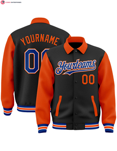 Blouson d'aviateur personnalisé noir blanc-orange veste Byron à col à revers bicolore Varsity Letterman à boutons-pression - Product Image 3