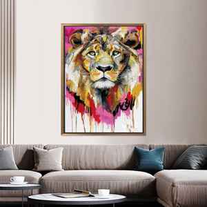 Impression sur toile d'un élégant tableau de lion - Décoration moderne pour chambre à coucher, encadré en or - Product Image 1