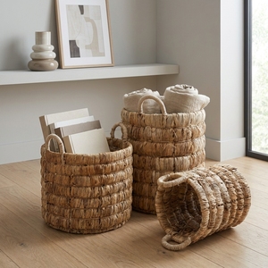 Natural Banana Bark <b>Storage</b> <b>Basket</b> Set Iron Frame <b>Stacked</b> Ring Arch Handle Cylinder Pot Planter Pure Art Setup Room Decor Craft - Product Image 6