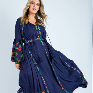 Vestido largo con cinturón para mujer, prenda con bordado geométrico, estilo bohemio, con cinturón - Product Image 1