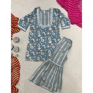 ชุดคุรตะชาราร่าผ้าฝ้ายปักลายพิมพ์บล็อก แขนสามส่วน ชุดลำลอง 2 ชิ้น - Product Image 1