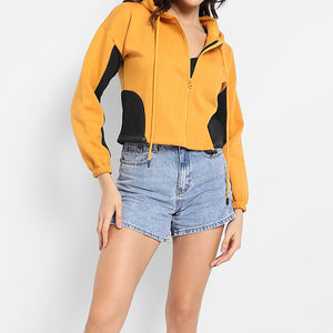 Femmes solide fermeture éclair courte recadrée toile Gym sweat à capuche décontracté à capuche avant Logo goutte épaule saison d'hiver séchage rapide écologique - Product Image 4