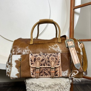 New Large Capacity Durable Hand Tooled <b>Leather</b> Overnight Travel Duffel <b>Bag</b> for <b>Men</b> & Women High Quality Cowhide Weekender Duffel - Product Image 1