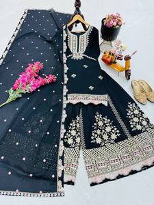 New Fancy Designer <b>Wedding</b> Diwali Party <b>Top</b> Sharara & Dupatta Set in Chinon Silk Wrinkle Free - Product Image 5
