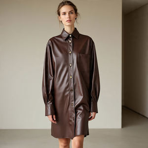 เสื้อหนังแกะวัวแขนยาวมีกระเป๋าหน้าอกสำหรับผู้หญิง, เสื้อครอปไซส์ใหญ่ - Product Image 5