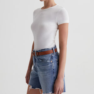Camiseta de mujer de cuello redondo de mezcla de lyocell de algodón suave transpirable Rib-Knit Slim-Fit - Product Image 4