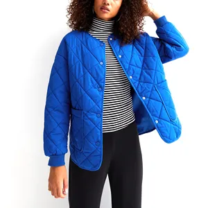 Bright Blue Quilted Collarless Jacket Wholesale Thick Women Winter Jacket Custom muilty Color Printed Stand Collar Women Bubble