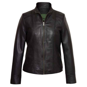 Veste en cuir Slim Fit pour femme Satin tissé à manches longues col montant fermeture à glissière réversible coupe-vent veste de moto - Product Image 1