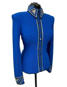 Chemise de spectacle western Cowgirl faite à la main en bleu sur tissu taffetas extensible pour vêtements équestres - Product Image 3