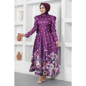 Vestido de Noche Morado con Estampado Floral de Puntos, 100% Poliéster Satinado, Talla XS, Corte en A, Maxi, Estilo de Fiesta, Sin Tejido, MSW12251-1 - Product Image 4