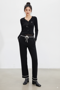 Salopette décontractée à jambes larges en tricot côtelé tendance avec cordon de serrage et détails contrastés en gros pour femmes à taille haute - Product Image 3