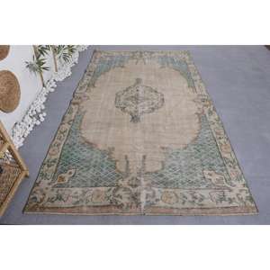 Alfombra turca Vintage clásica Beige patrón de retazos verde 5,1X9,1 pies Material de lana respaldo de látex para sala de estar pasillo adolescente - Product Image 1