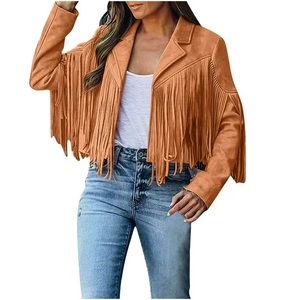 <b>Women</b> Boyfriend Cropped <b>Jackets</b> <b>Suede</b> Fringe Long Sleeve Slim Faux <b>Suede</b> Leather <b>Jacket</b> Cowboy Style Long Sleeve Tassels Coats - Product Image 2