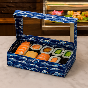 Customized Color Printing Recycled Materials Grease Proof Auto <b>Lock</b> Sushi Paper <b>Box</b> with Matt Lamination & Embossing - Product Image 2