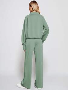 Ensemble 2 pièces avec épaules tombantes Pantalon de jogging Sweat-shirt avec pantalon de survêtement Sweat-shirt à capuche vierge Oversize Half Zip Sweatshirt Wide Leg Pant Set - Product Image 4