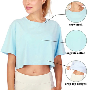 Camiseta de algodón de alta calidad para mujer, fabricantes OEM, Tops cortos ajustados con estampado personalizado, cuello redondo, informal, logotipo sólido, teñido liso - Product Image 5