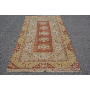 Tapis Vintage Turc Bohème Orange Jaune Laine 4.6X7.8 pieds Patchwork Design pour Entrée ou Bedside-9x12 Modèle Rectangle - Product Image 1