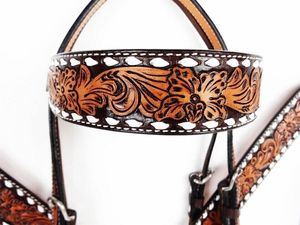 Juego de coraza de cabeza de caballo de carreras/equitación de estilo occidental ecuestre de cuero blanco Premium diseño de trenzado con herramientas florales - Product Image 3