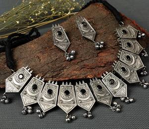 Oxidized Antique <b>Silver</b> Tribal Women <b>Necklace</b> <b>Set</b> Handmade Jewelry Gift for her - Product Image 4