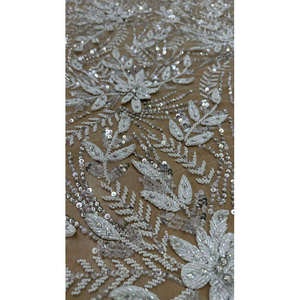 AZIZA FASHION DREAM Ivory Blossom Jacquard Lightweight 90 GSM Sheer Fabric 100% Polyester Hand-Beaded <b>Lace</b> Woven Home - Product Image 3