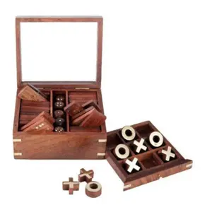 Ultimo Design in legno tradizionale 2 in 1 Domino & Tic Tac Toe Game Set con scatola portaoggetti gioco da tavolo fatto a mano di alta qualità