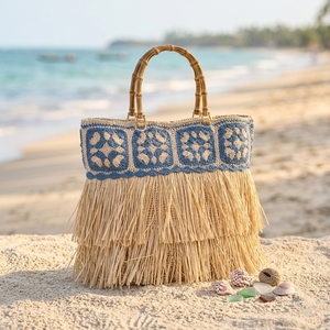 Bolso Tote Bohemio de Ganchillo de Color Sólido con Asa de Bambú, Cremallera Abierta y Flecos, Ideal para Verano, Playa y Compras - Product Image 6