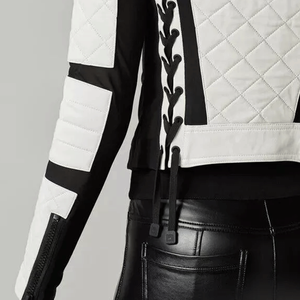 Chaqueta de cuero de piel de cordero auténtica blanca y negra para mujer más vendida chaqueta de cuero de motorista ajustada para mujer - Product Image 5