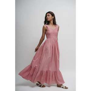 Women Pink <b>Short</b> Sleeve Floor-Length Tiered Ruched Bodice Cotton Natural Washable Summer Casual Resort Wear <b>Dress</b> - Product Image 3