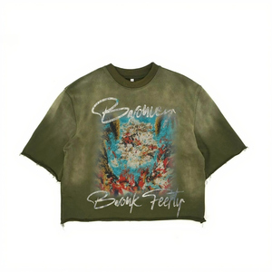 Ropa de calle de algodón 100% personalizada Vintage Boxy Fit cuello redondo Camiseta de gran tamaño DTG estampado gráfico patrón sólido longitud corta Casual - Product Image 1