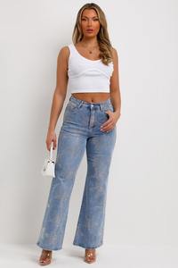 Custom Own Branded Rhinestone Printed Design Vintage Summer Flat Light Wash Straight Denim <b>Jeans</b> Pants for <b>Women</b> 100% Cotton - Product Image 4