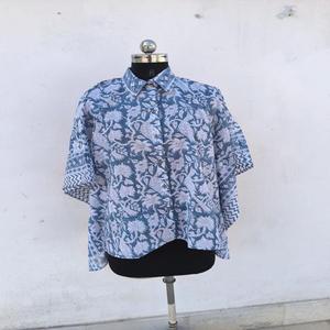 Robe courte en coton décontractée respirante à manches longues et col en V, élégante, douce, naturelle, écologique, pour femmes, tunique, impression à la main - Product Image 3