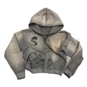 Sudadera con capucha unisex de felpa gruesa con lavado ácido, oversize, doble cremallera, pedrería, efecto desgastado y bordado, estilo nuevo de invierno - Product Image 1