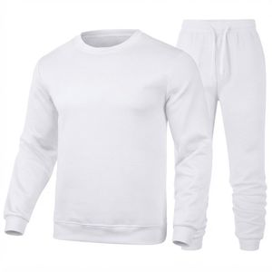 Unisex White Tracksuit Set Crew Neck Sweatshirt And Drawstring <b>Pants</b> Solid Color Full Sleeve Casual Autumn Wear - Product Image 1