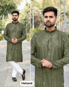 Pyjama Kurta en rayonne de qualité supérieure pour hommes, nouvelle collection de vêtements de fête avec broderie et paillettes des deux côtés - Product Image 5