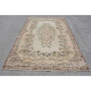 Alfombra Turca Vintage Clásica Beige Marrón 5,8X8,9 FT Hecho a Mano Lana Látex Respaldo Patchwork Diseño Rectángulo Tabriz para Cabecera - Product Image 1