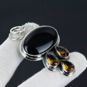 Pendentif en onyx noir et topaze miel, argent sterling 925, fait main, bijoux classiques, design unique, cadeau pour femmes et enfants - Product Image 4
