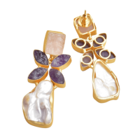 Anting-anting gantung kuningan alami mutiara air tawar amethyst rose quartz gaya bohemian desain bunga lapis emas 18K bebas nikel