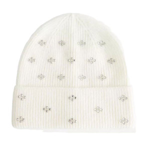 White Rhinestone Beanie Hat Unisex Hand Knitted Acrylic Breathable & Waterproof <b>Winter</b> Casual Travel Adults 56-58CM - Product Image 1