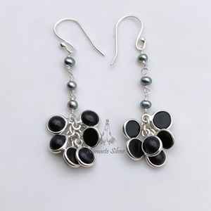 925 Sterling Silver Dangle <b>Earrings</b> Handmade Flower-Shaped Freshwater <b>Grey</b> <b>Pearl</b> and Black Onyx Unique Jewelry - Product Image 6